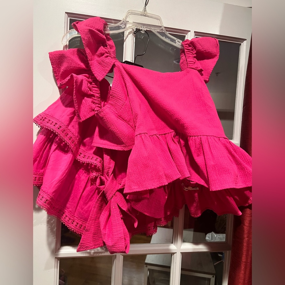 Cesca Fuchsia Ruffle & Lace Sleeveless Top and skirt